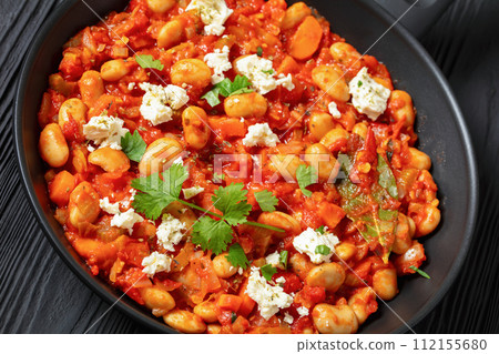 greek giant baked beans with feta on pan greek giant baked beans with feta on pan 112155680