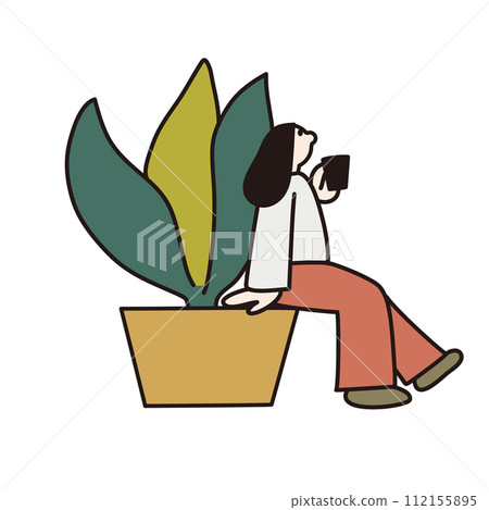 Line drawing vector of houseplant and woman Line drawing vector of houseplant and woman 112155895