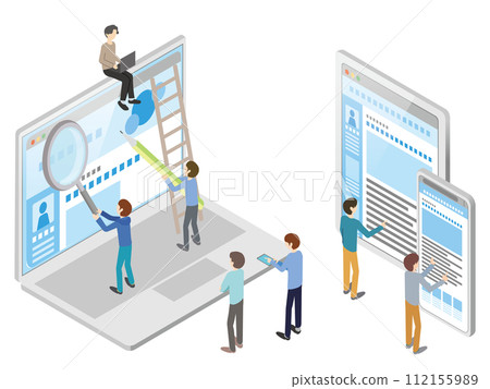 Illustration of a person writing a blog article and a person viewing it Illustration of a person writing a blog article and a person viewing it 112155989