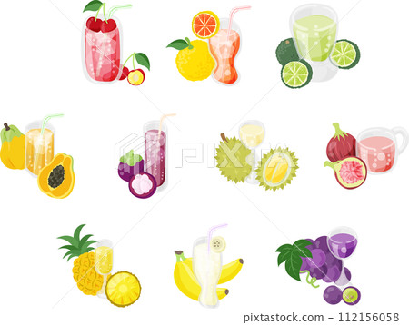 Icon set of various cute and delicious fruit juices such as figs, pineapples, bananas, and grapes. Icon set of various cute and delicious fruit juices such as figs, pineapples, bananas, and grapes. 112156058