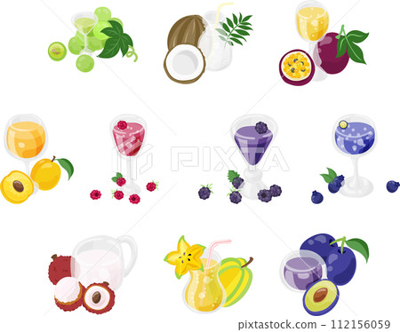 Icon set of various cute and delicious fruit juices such as lychee, star fruit, prune, etc. Icon set of various cute and delicious fruit juices such as lychee, star fruit, prune, etc. 112156059