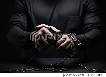 criminal's hands are shackled. bandit in handcuffs. the topic of crime and punishment. 112156096