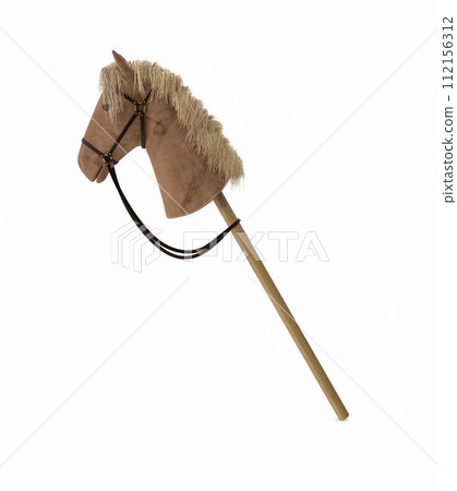 Plush hobby horse toy with a wooden stick on white background 112156312