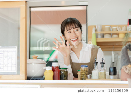 Kitchen car working woman waving Kitchen car working woman waving 112156509