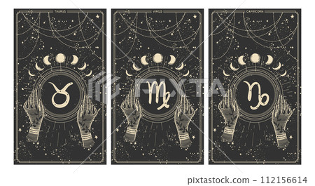 Taurus, virgo, capricorn, earth element zodiac signs, set of astrology cards for stories, horoscope banner, vintage art style. Vector illustration on a black background. 112156614