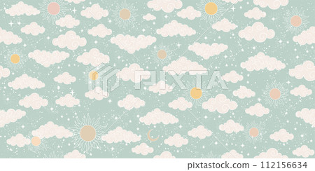 Seamless celestial pattern with sun, moon, stars and clouds. Cute background for a card in pastel colors, ornament for paper, fabric, wallpaper. Vector illustration. Seamless celestial pattern with sun, moon, stars and clouds. Cute background for a card in pastel colors, ornament for paper, fabric, wallpaper. Vector illustration. 112156634