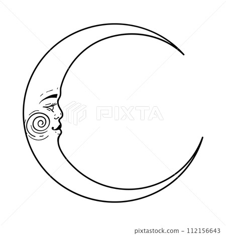 Crescent moon with a man s face, mystical celestial tattoo, magical symbol of astrology and tarot, embroidery pattern, horoscope icon. Vector illustration isolated on white background. Crescent moon with a man s face, mystical celestial tattoo, magical symbol of astrology and tarot, embroidery pattern, horoscope icon. Vector illustration isolated on white background. 112156643