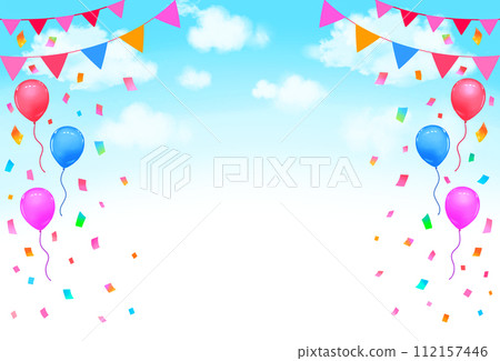 Event frame background: blue sky, garland, balloons, and confetti Event frame background: blue sky, garland, balloons, and confetti 112157446
