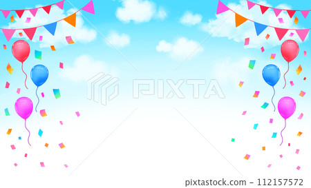 事件框架背景藍天、花圈、氣球和五彩紙屑 16:9 112157572