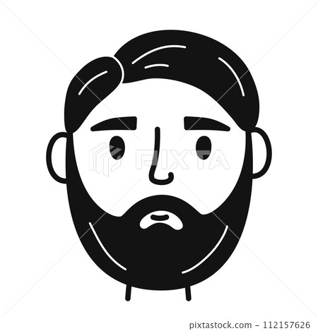 Face of man. Male brutal character with beard in hand drawn doodle style. Vector illustration isolated on white background. 112157626