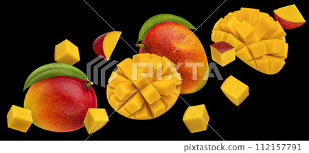 Mango fruits slices isolated on black background 112157791