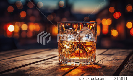 Glass of whiskey on an old wooden table. Alcohol drink, splash, ice cube Glass of whiskey on an old wooden table. Alcohol drink, splash, ice cube 112158111
