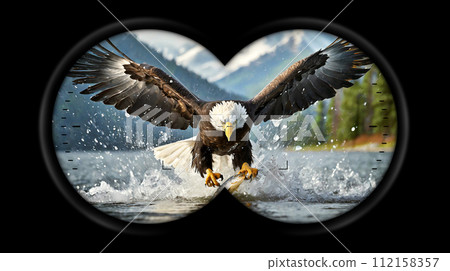 Binoculars Point of View with an American Bald Eagle - Generative Ai 112158357