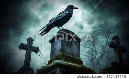 Black Crow Standing on a Tombstone in a Spooky Cemetery - Generative Ai 112158359