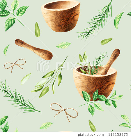 Watercolor seamless pattern with aromatic herbs and wooden mortar and pestle. Illustrations of fresh rosemary, mint, sage isolated on background. Detail of beauty products and botany set, cosmetology 112158375