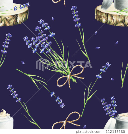 Watercolor seamless pattern with face cream in a jar and bottle of serum on a wooden saw cut with lavender isolated on white background.Beauty products and botany elements, cosmetology and medicine. Watercolor seamless pattern with face cream in a jar and bottle of serum on a wooden saw cut with lavender isolated on white background.Beauty products and botany elements, cosmetology and medicine. 112158380