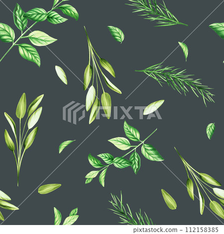 Watercolor seamless pattern with aromatic herbs with bottles of serum. Illustrations of fresh rosemary, mint, sage isolated on background. Detail of beauty products and botany set, cosmetology and Watercolor seamless pattern with aromatic herbs with bottles of serum. Illustrations of fresh rosemary, mint, sage isolated on background. Detail of beauty products and botany set, cosmetology and 112158385