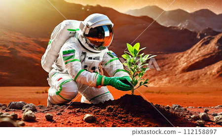 Farmer Astronaut Planting a Small Green Plant on the Planet Mars - Generative Ai 112158897