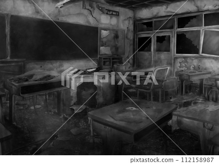 Ruined dilapidated classroom illustration gray Ruined dilapidated classroom illustration gray 112158987