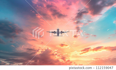 黃昏時分，飛機降落在色彩繽紛的天空中 112159047