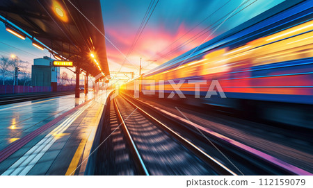 色彩繽紛的藍天上具有運動模糊效果的火車站 112159079