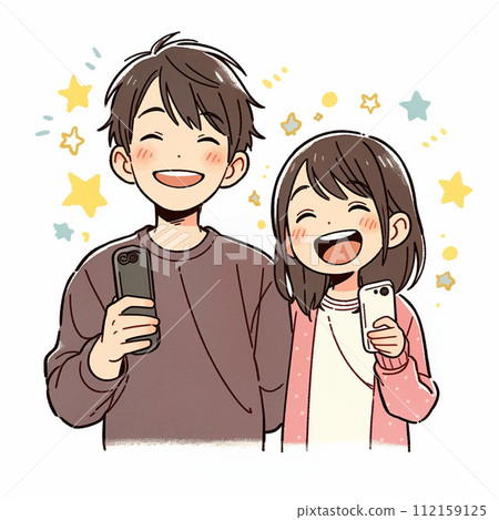 A man and a woman looking happy with a mobile phone in hand 112159125