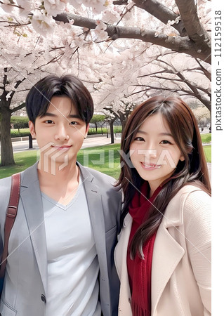 A couple standing in front of cherry blossoms in full bloom 112159518