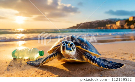 Sea Turtle near a Plastic Bottle on the Shore of a Sandy Beach - Generative Ai Sea Turtle near a Plastic Bottle on the Shore of a Sandy Beach - Generative Ai 112159532