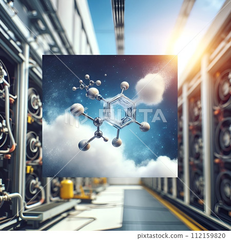 AI-generated content. cutout section of a floating chemical diagram in front of gas storage. Generative AI 112159820