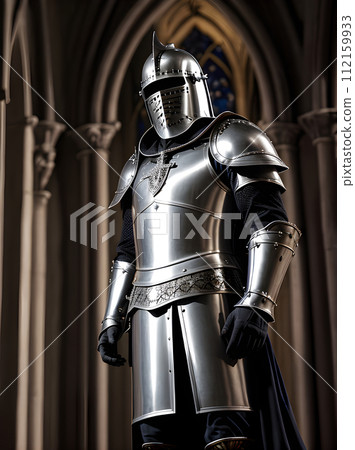 Knight. Silver armor. Gothic church. Sunset. Maximum 112159933