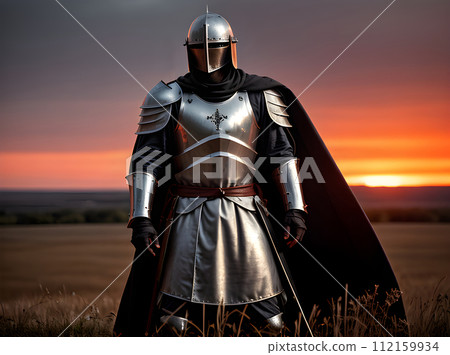Detailed cinematic Teutonic knight battles at sunset. 112159934