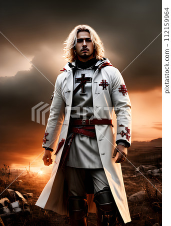 Crusader fights with crosses bloodsoaked battlefield. Sunset 112159964