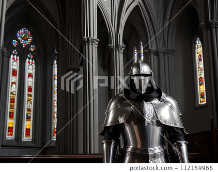 Knight silver armor gothic church sunset cinematic 112159968