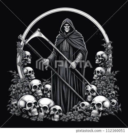 Scythe Wielding Figure Amidst Skulls on  Black Background 112160051