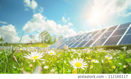 A vibrant field of wildflowers basking in the sun with solar panels in the background, illustrating the harmonious balance between technology and nature for sustainable energy. 112160117