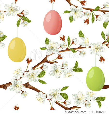 Spring seamless pattern with cherry blossoms and easter eggs. Festive home decor. Flower garland. 112160260