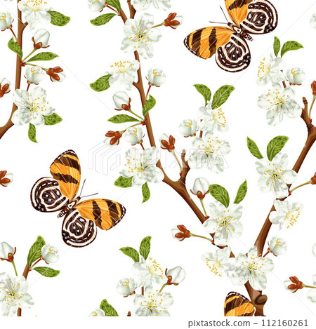 Spring seamless pattern with cherry blossom and brown butterfly. White flowers. 112160261
