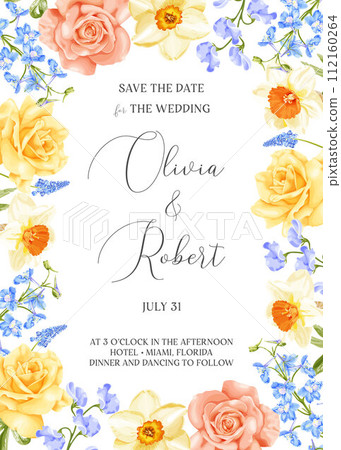 Floral spring frame with yellow and pink rose, blue delphinium, daffodils, hyacinth and sweet pea flowers. 112160264