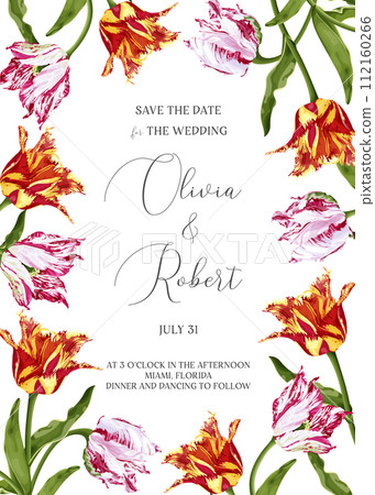 Spring frame with red and yellow tulip flowers. Wedding invitation, greeting card, banner. 112160266