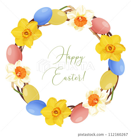 Easter wreath with daffodils and eggs. Frame, invitation, greeting card. 112160267