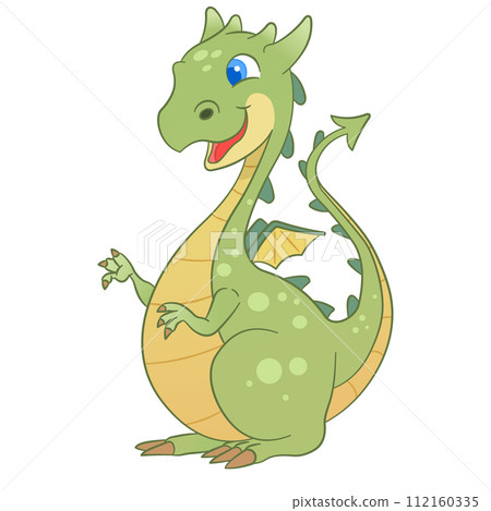 Cute cartoon style green dragon is sitting and smiling isolated on white background. 112160335