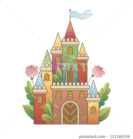 Colorful fairy tale castle, cute cartoon style, decorated with trees and flowers, isolated on white background. 112160336