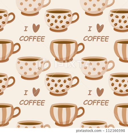Seamless pattern, vintage coffee cups with ornament and coffee beans. Background, print, vector Seamless pattern, vintage coffee cups with ornament and coffee beans. Background, print, vector 112160398