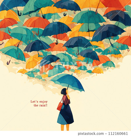 [AI生成圖像/AI插圖] 一個女人撐著雨傘，上面寫著“讓我們享受雨吧！！” 112160661