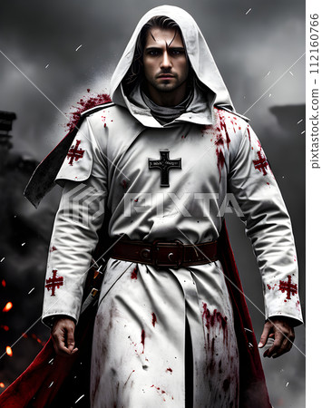Crusader dons white coat wields crosses spills 112160766