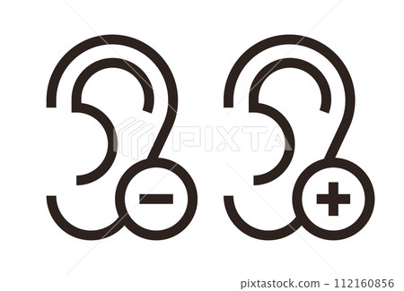 Ear with plus and minus symbol. Image of more or less volume Ear with plus and minus symbol. Image of more or less volume 112160856