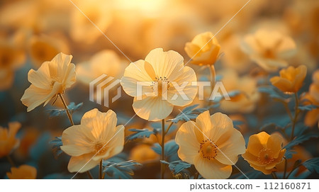 Background illustration about spring. There are flowers in the meadow in the beautiful morning sunlight with a blurred background makes you feel refreshed and want to create new things or start over. 112160871