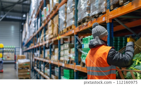 AI-generated content. Warehouse worker stocking shelves with fresh produce AI-generated content. Warehouse worker stocking shelves with fresh produce 112160975