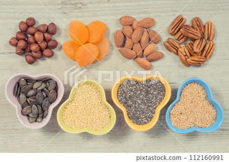 Healthy ingredients as source iron, vitamins and minerals. Best food in fight against anemia 112160991