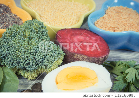 Healthy ingredients containing iron, vitamins and minerals. Best food in fight against anemia 112160993